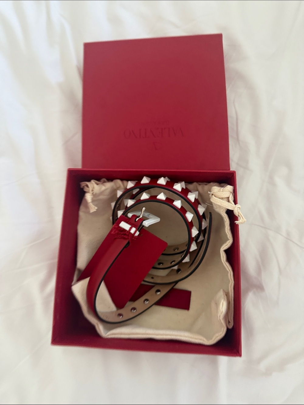 Valentino Red Leather Rockstud Wrap Bracelet with White Studs